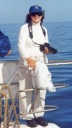 Trish on the bow of 'Moon Dancer'