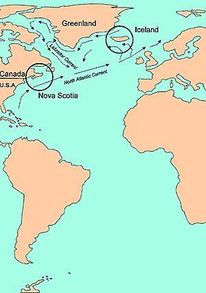 Map of route from Nova Scotia to Iceland